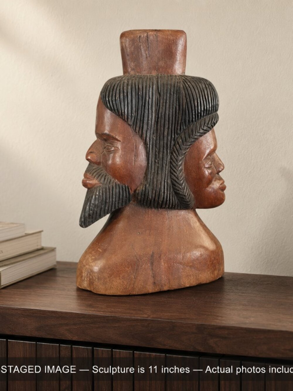 Hand Carved Dual Face Janus Style Wood Bust African Style Folk Art Sculpture 11"